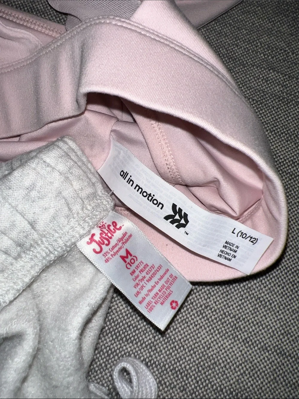 Justice Light Pink Sports Bra with Gray Shorts and Rainbow Logo